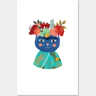 Frida cat with flower crown by Mia Charro Posters and Art